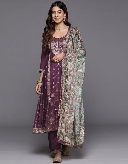 sophisticated plum purple blended silk pakistani style kameez with plazo dupatta set with plum purple blended silk 2861-20032 Front View
